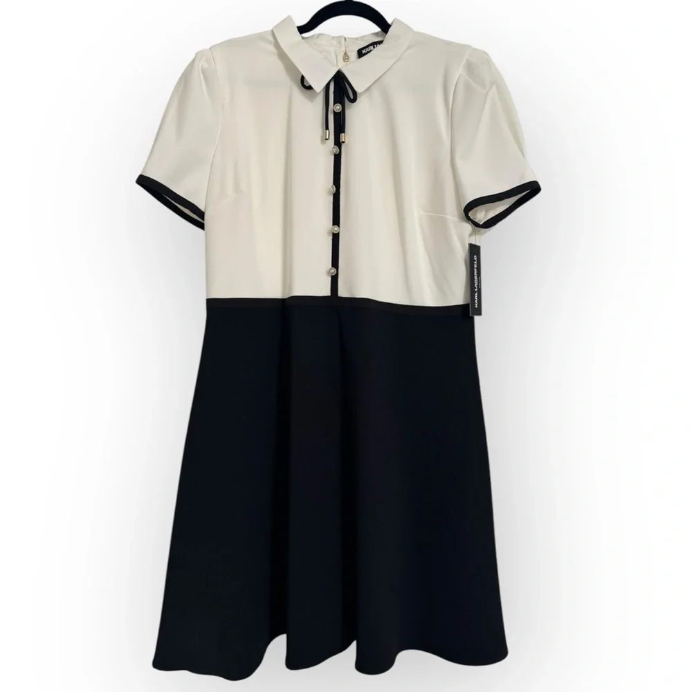 KARL LAGERFELD PARIS Collared Contrast-Trim Dress, Size 14, Black/White, NEW - Picture 4 of 12